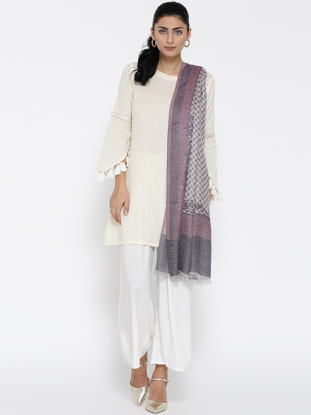 

AURELIA Grey & Off-White Woven Design Stole