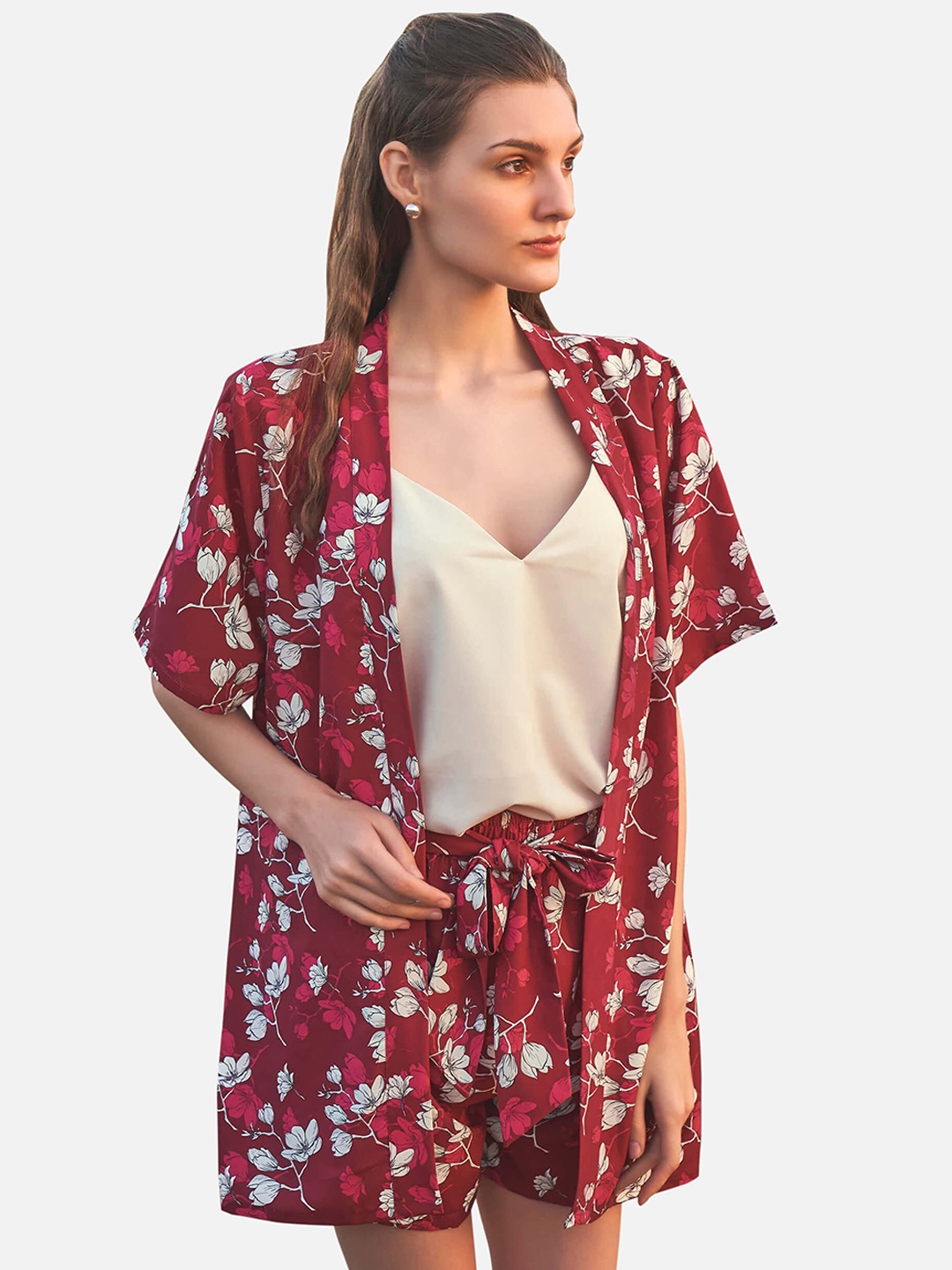 

NEOFAA Floral Printed 3-Pcs Shrug With Shorts & Top, Maroon