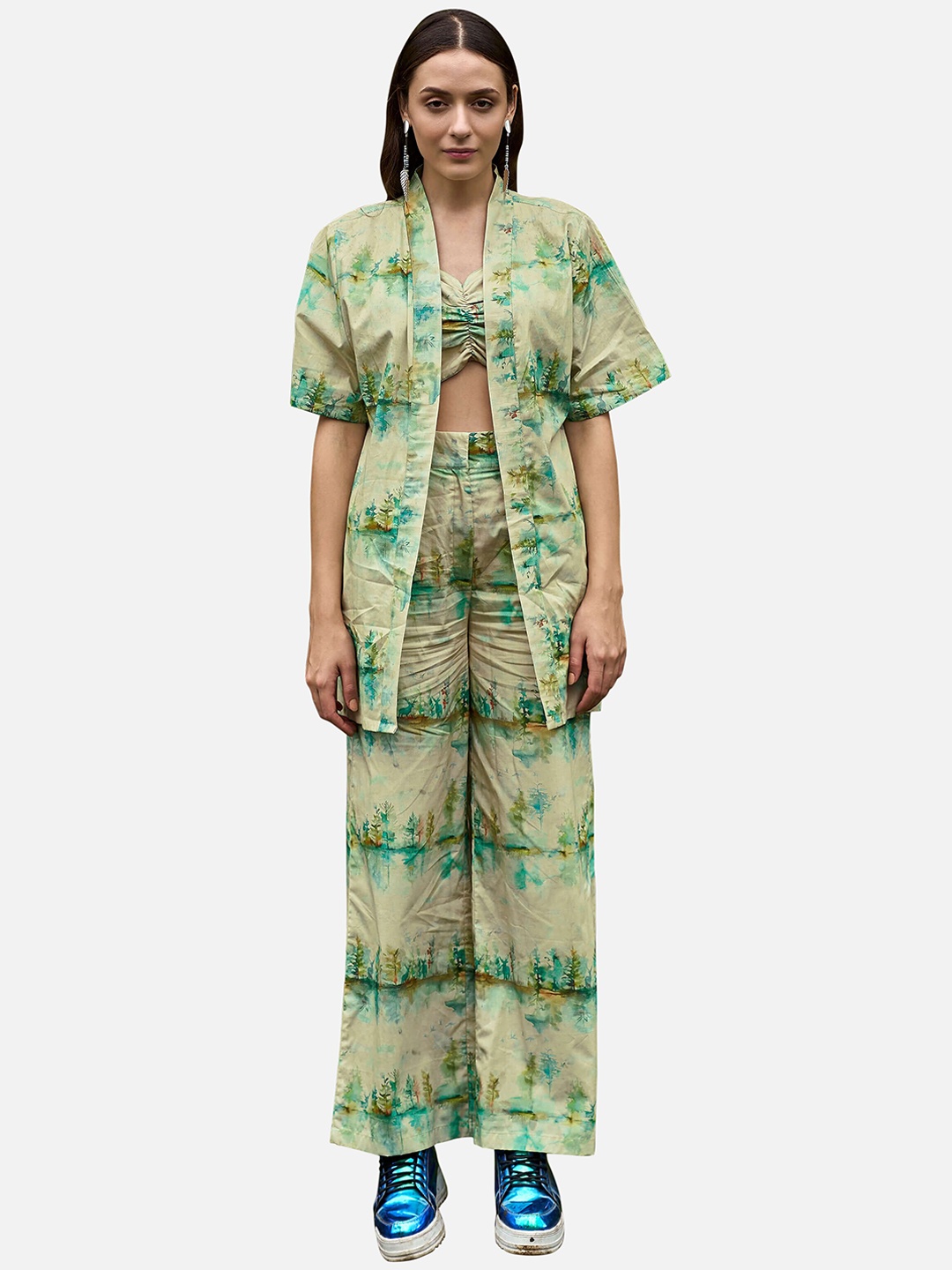 

NEOFAA 3 Piece Elsa Floral Printed Pure Cotton Co-Ords Set, Green
