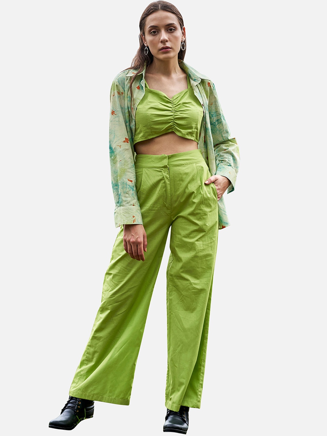 

NEOFAA Women 3 Piece Printed Green Cotton Co-Ords