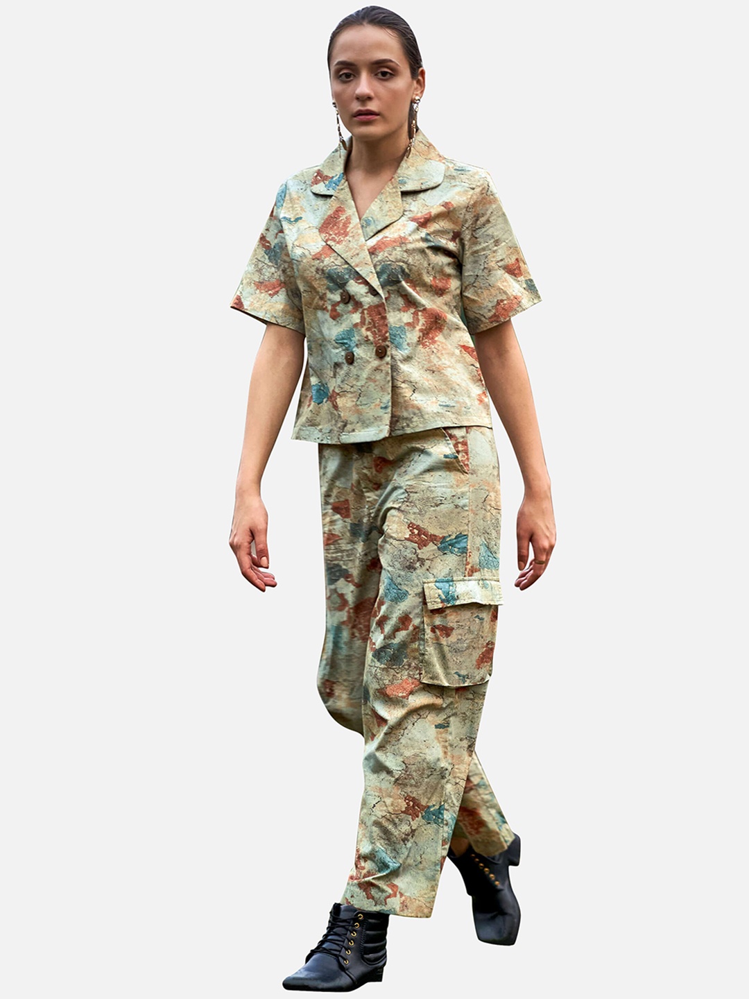 

NEOFAA Women Printed Cotton Top and Trouser, Beige
