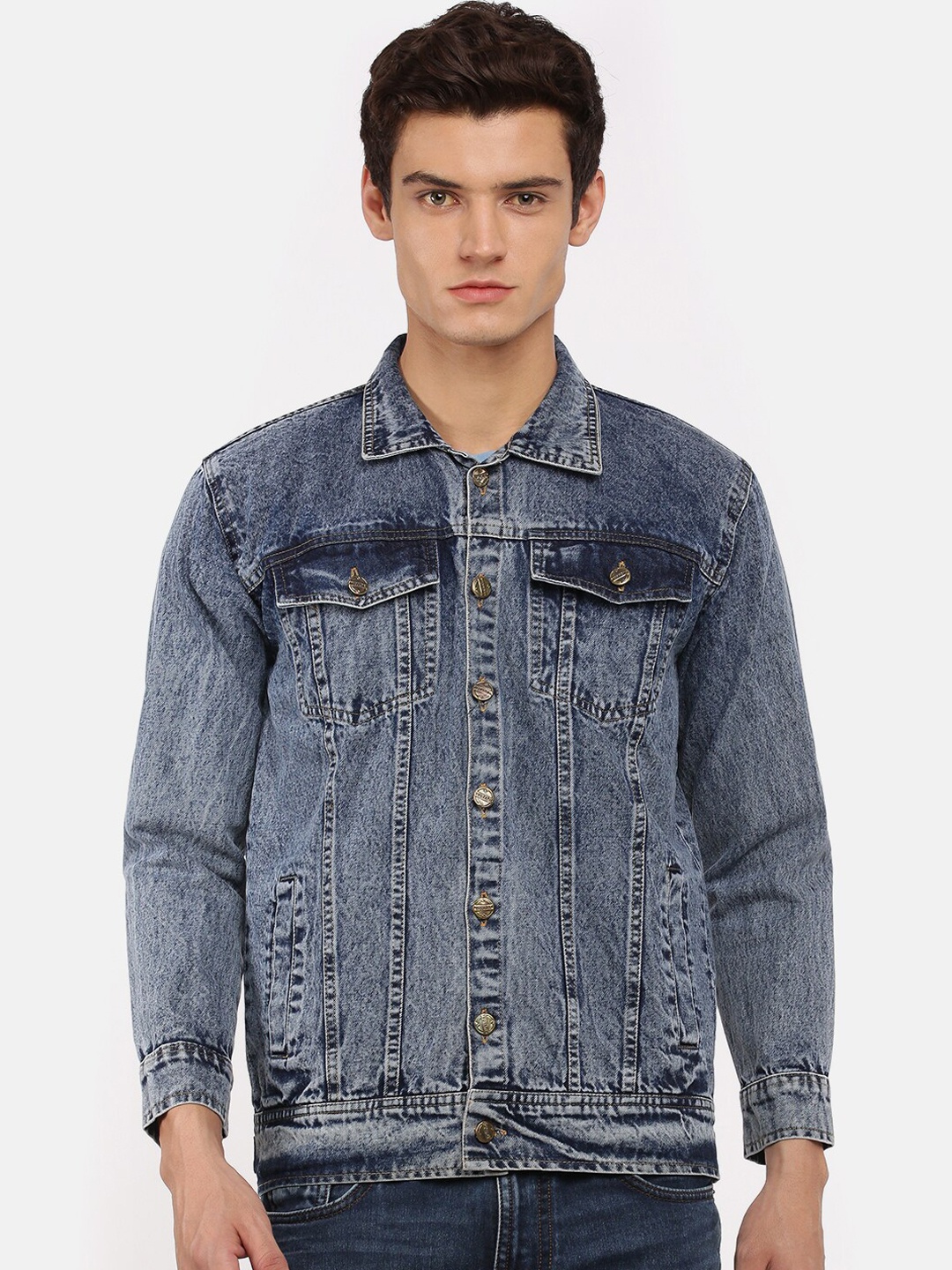 

VOXATI Men Washed Cotton Denim Jacket, Blue