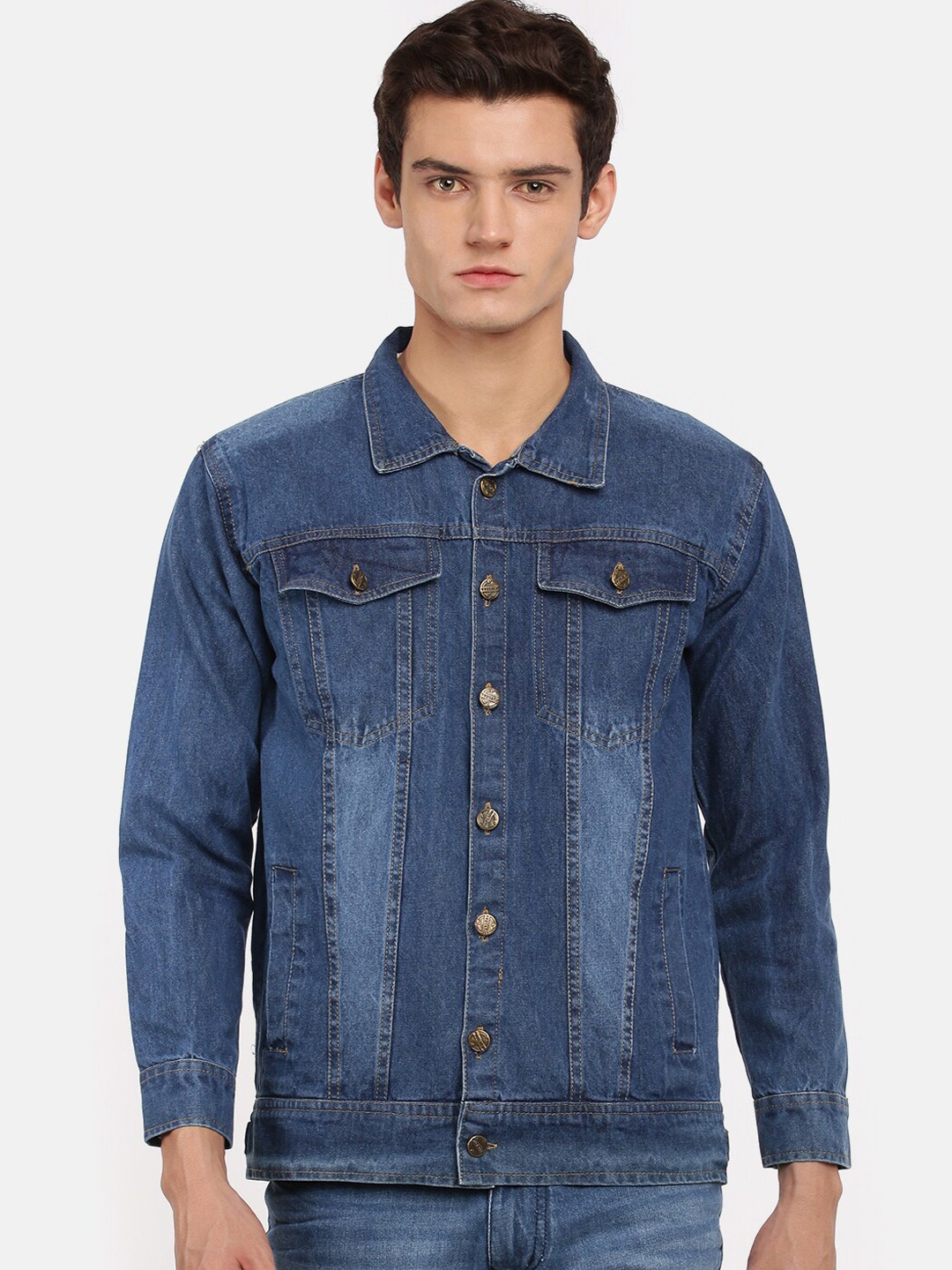 

VOXATI Men Washed Cotton Spread Collar Denim Jacket, Blue