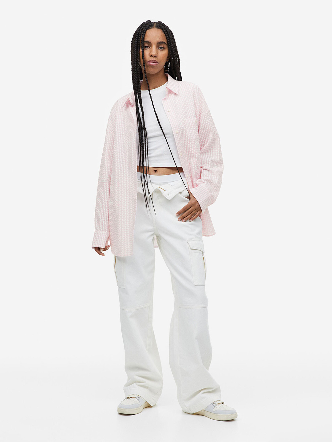 

H&M Women Oversized Seersucker Shirt, Pink