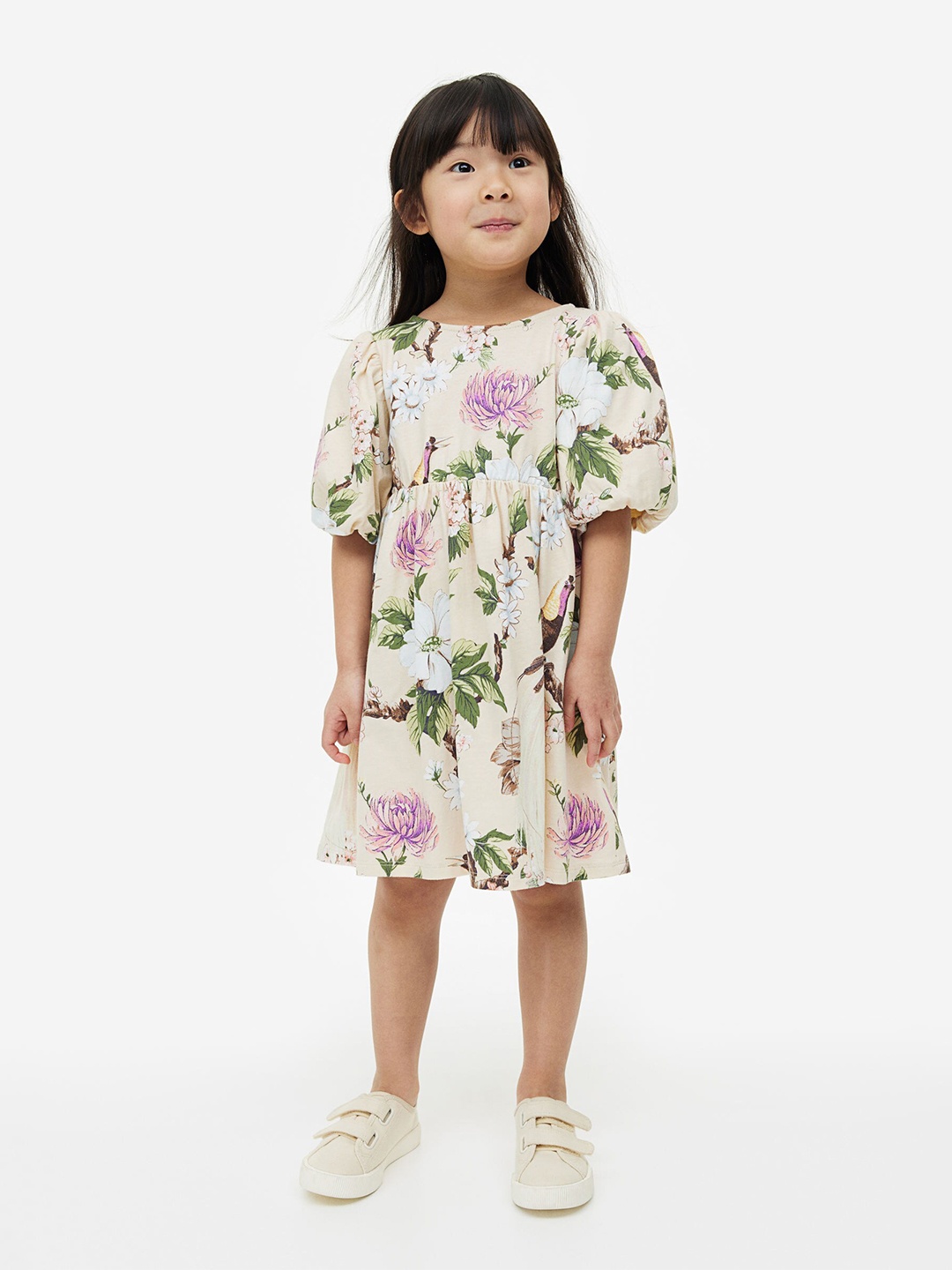 

H&M Girls Balloon-Sleeved Printed Dress, Beige