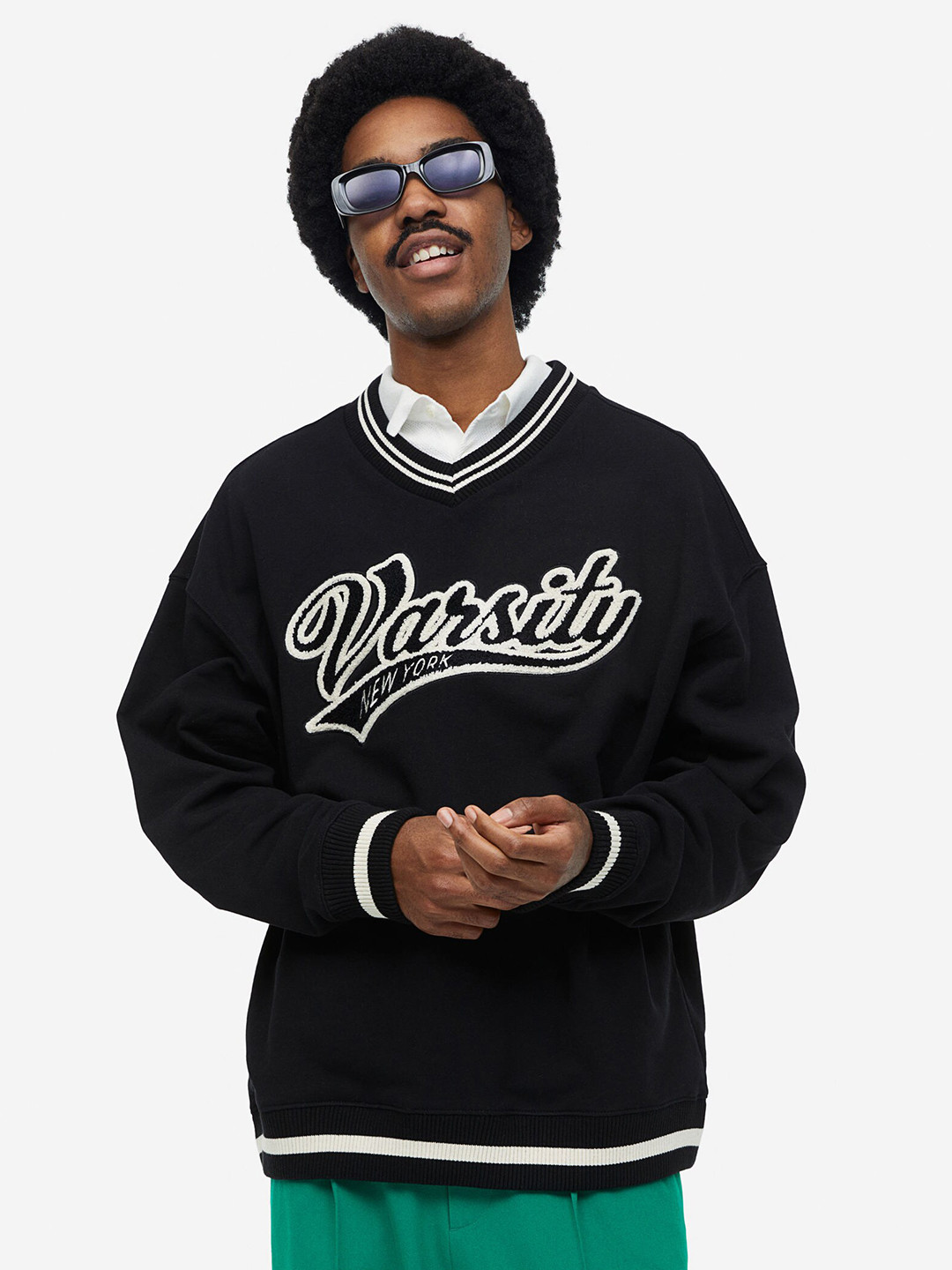 

H&M Pure Cotton Oversized Fit V-Neck Sweatshirt, Black