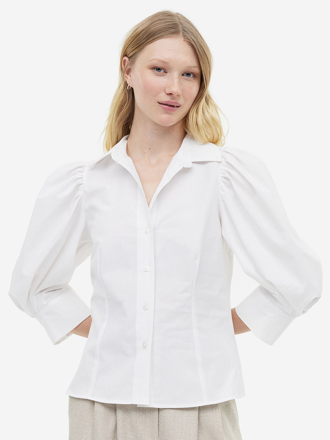 

H&M Pure Cotton Puff-Sleeved Poplin Blouse, White