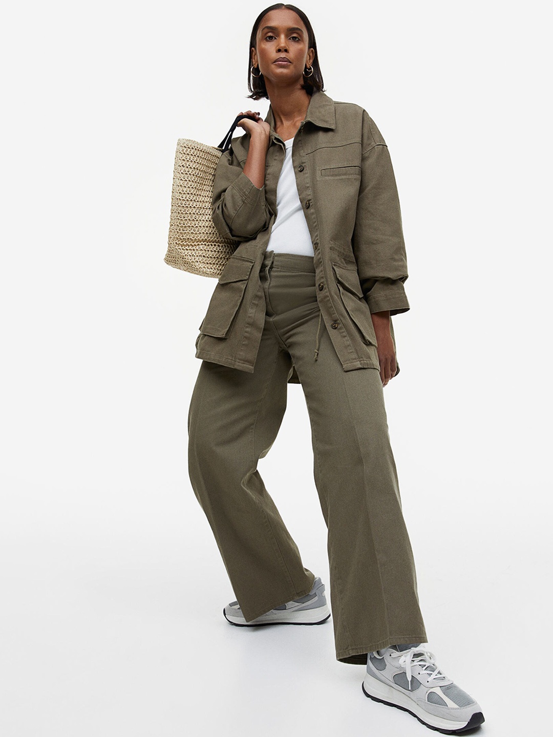 

H&M Women Cotton Twill Trousers, Olive