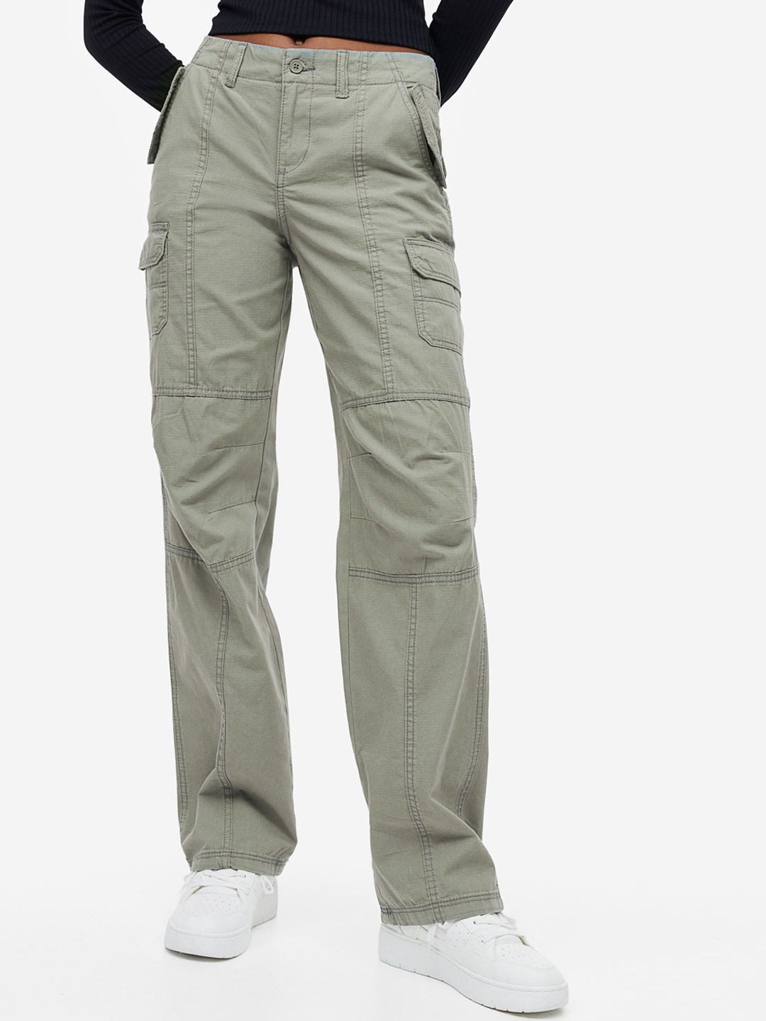 

H&M Women Pure Cotton Low-Waisted Cargo Trousers, Olive