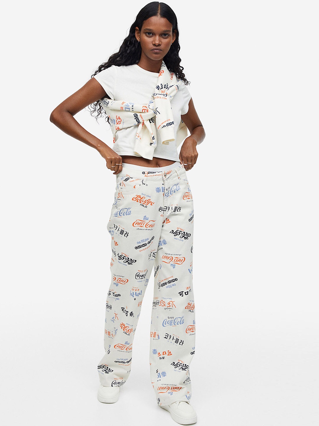 

H&M Women Pure Cotton Printed Twill Trousers, White