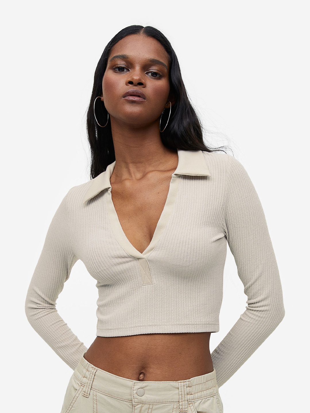 

H&M Collared Ribbed Top, Beige