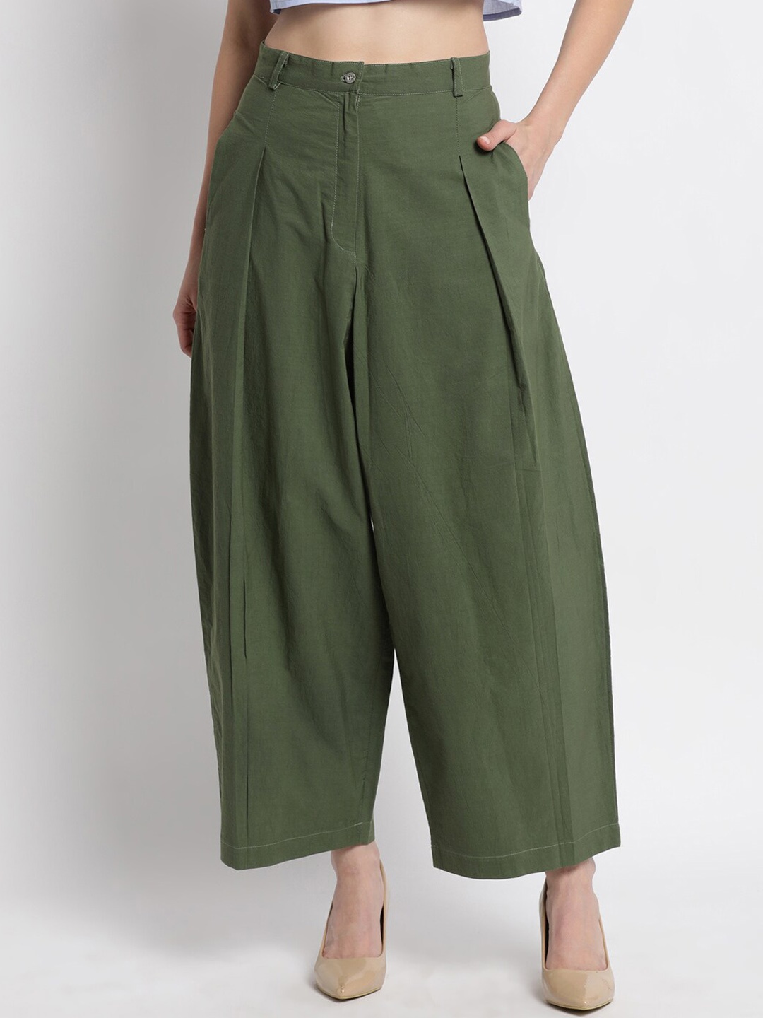 

GRASS by Gitika Goyal Women Cotton Relaxed Pleated Trousers, Green