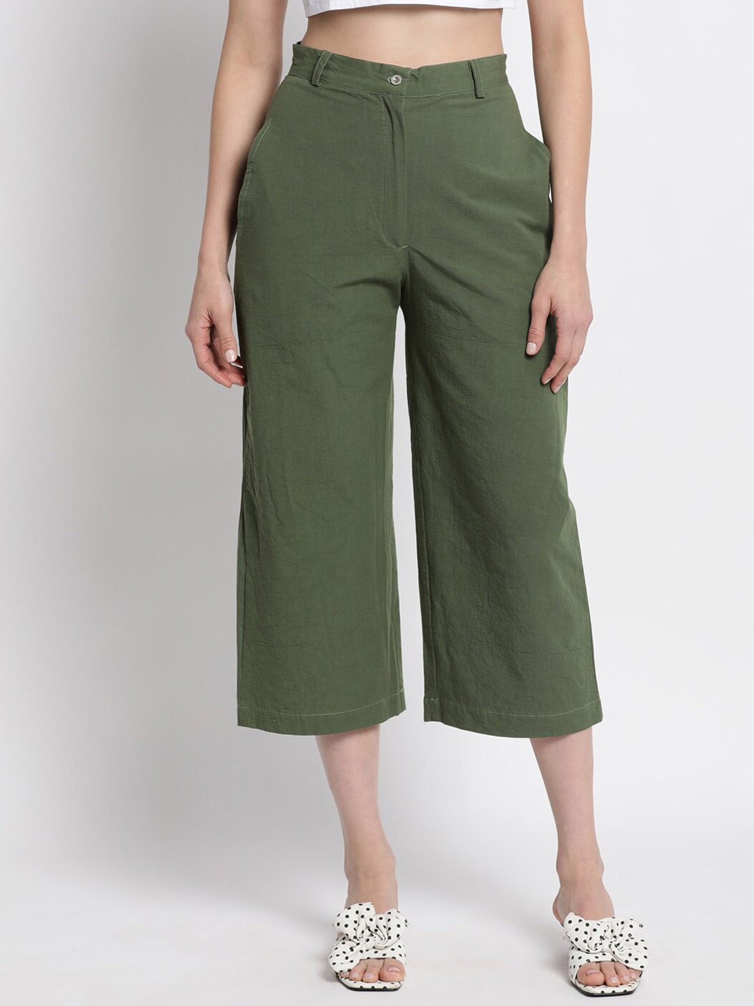 

GRASS by Gitika Goyal Women Cotton Smart Slim Fit High-Rise Culottes Trousers, Green