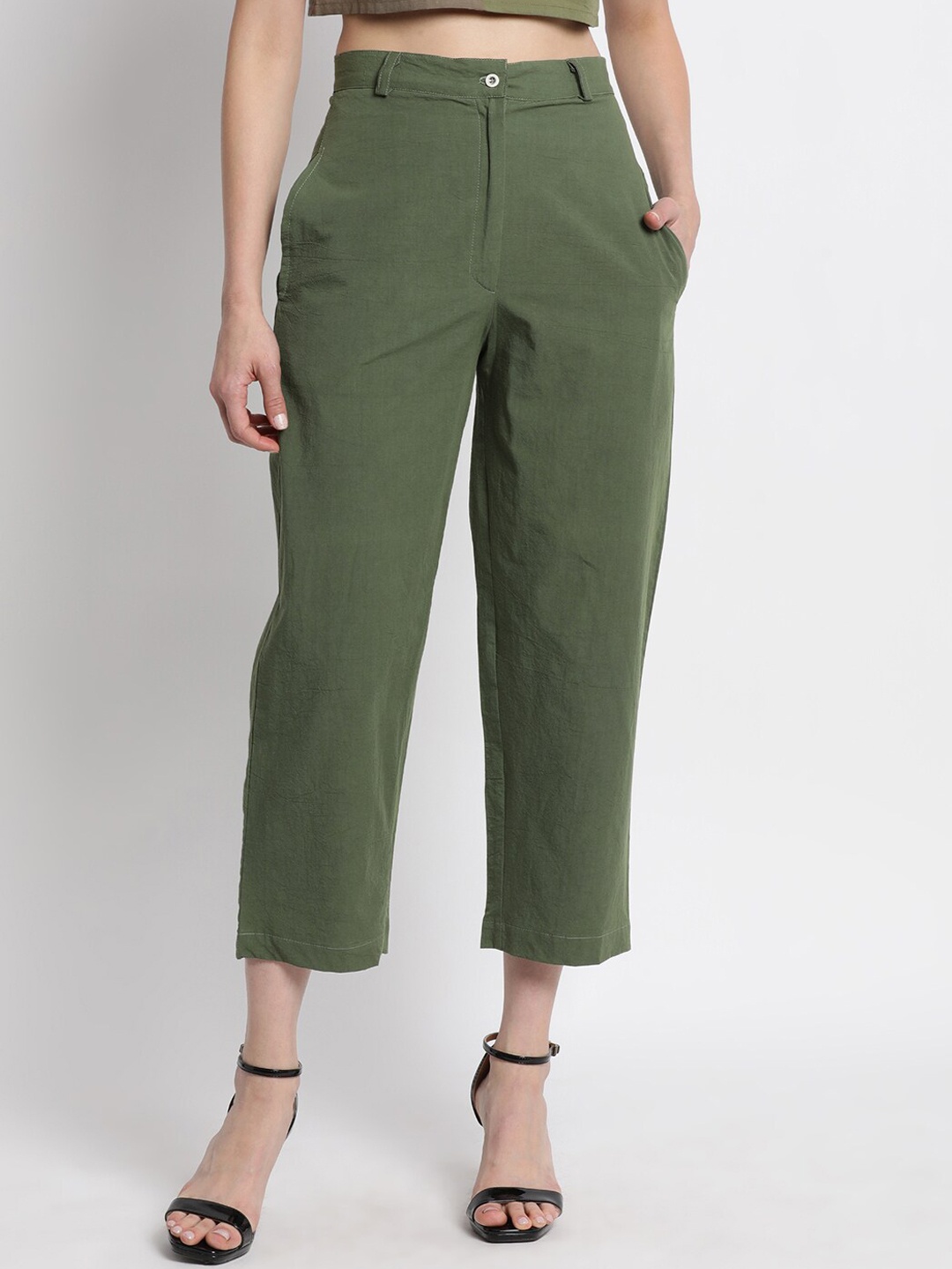 

GRASS by Gitika Goyal Women Cotton Smart Slim Fit High-Rise Trousers, Green