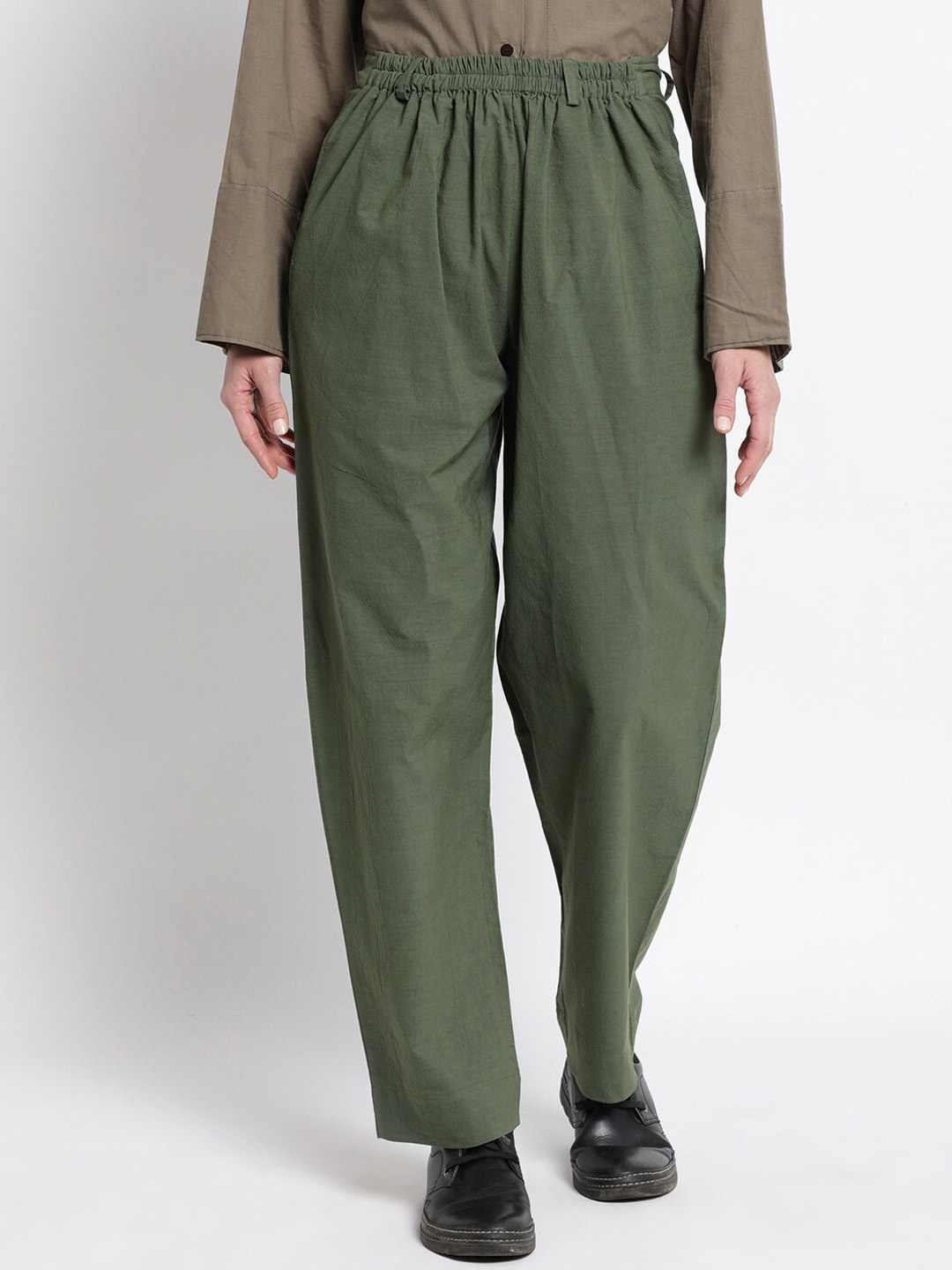 

GRASS by Gitika Goyal Women Cotton Relaxed Low-Rise Trousers, Green