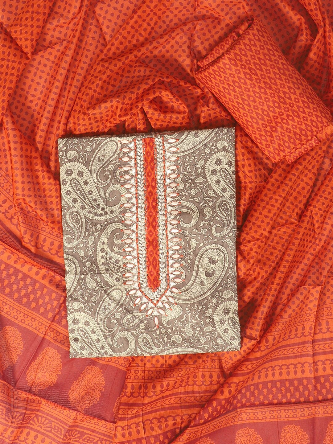 

SALWAR STUDIO Printed Mirror work Pure Cotton Unstitched Dress Material, Beige