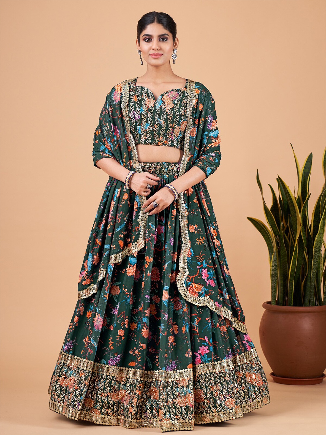 

ODETTE Embroidered Semi-Stitched Lehenga & Unstitched Blouse With Dupatta, Green