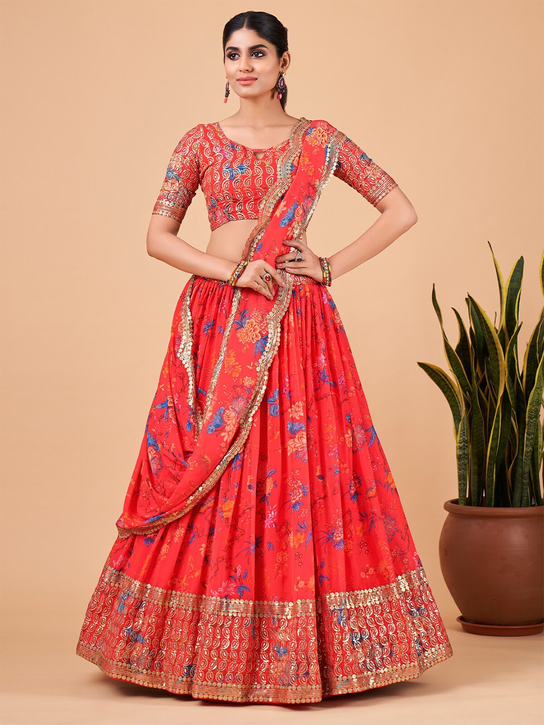 

ODETTE Embroidered Semi-Stitched Lehenga & Unstitched Blouse With Dupatta, Red