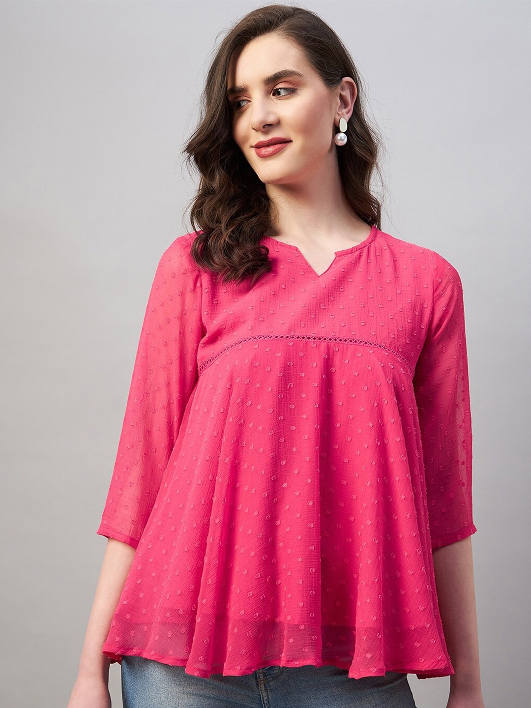 

Azira Notched Neck Self Design Lace Inserts Empire Top, Fuchsia