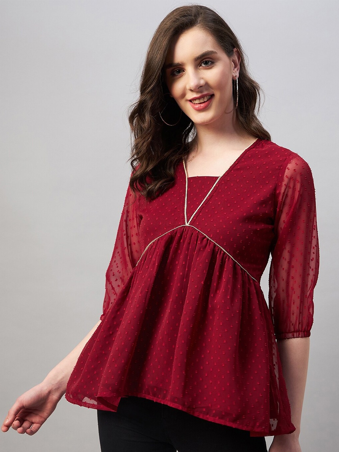 

Azira V-Neck Self Design Empire Top, Maroon