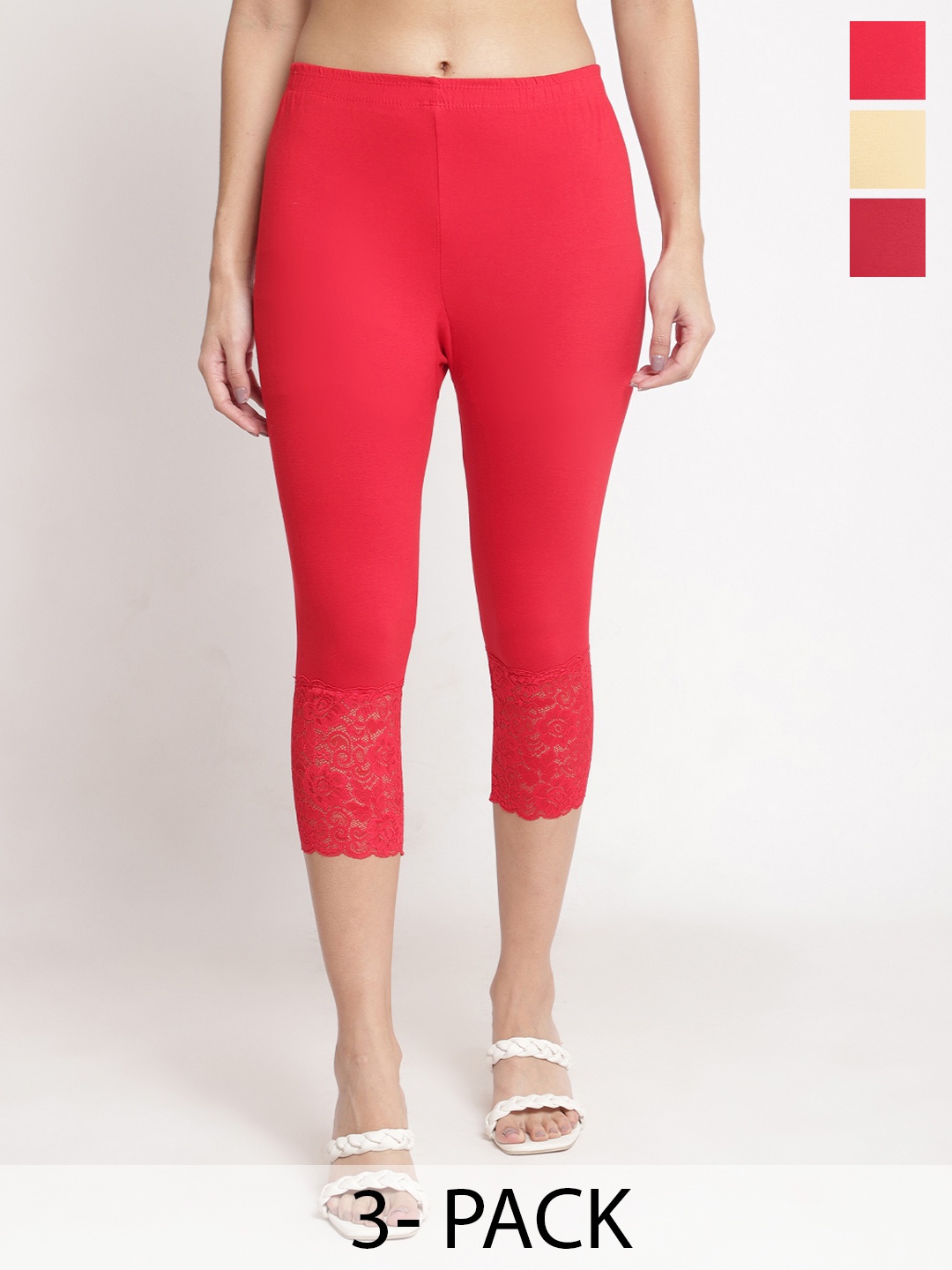 

Jinfo Pack Of 3 Women Skinny Fit Capris, Red