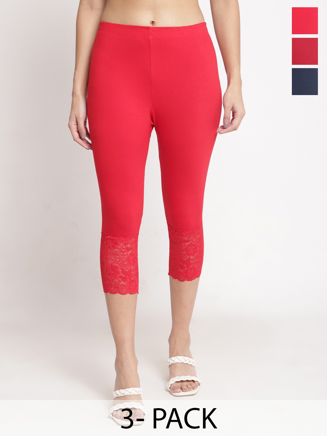 

Jinfo Pack Of 3 Women Skinny Fit Capris, Red