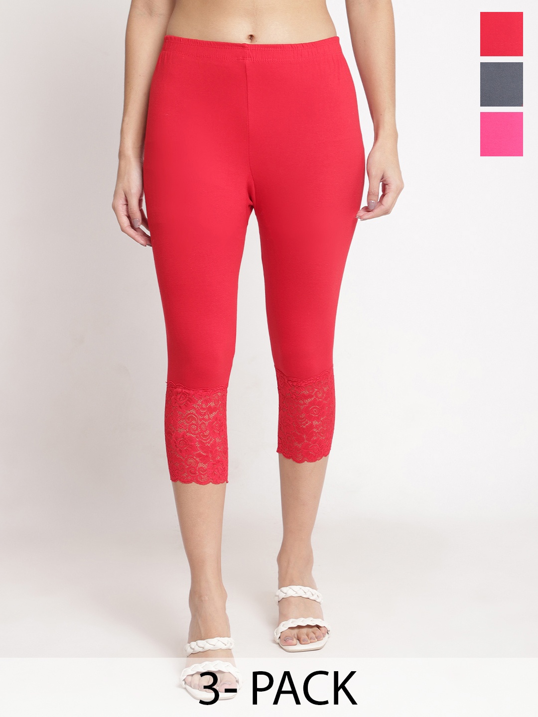 

Jinfo Pack Of 3 Women Skinny Fit Capris, Red