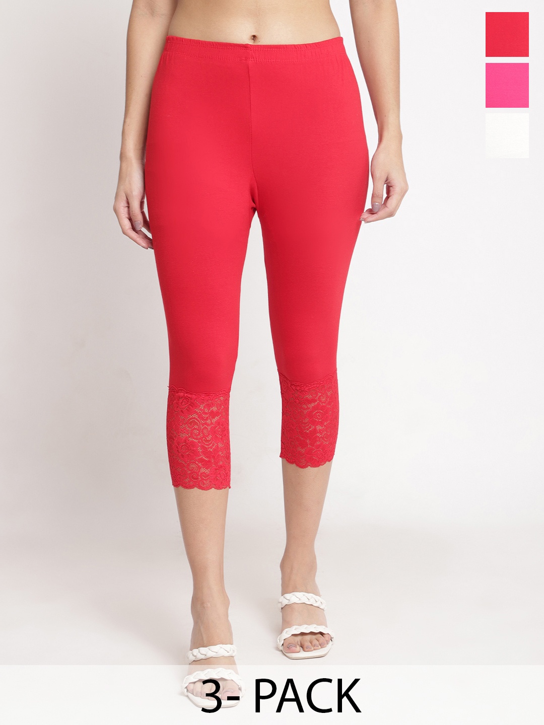 

Jinfo Pack Of 3 Women Skinny Fit Capris, Red