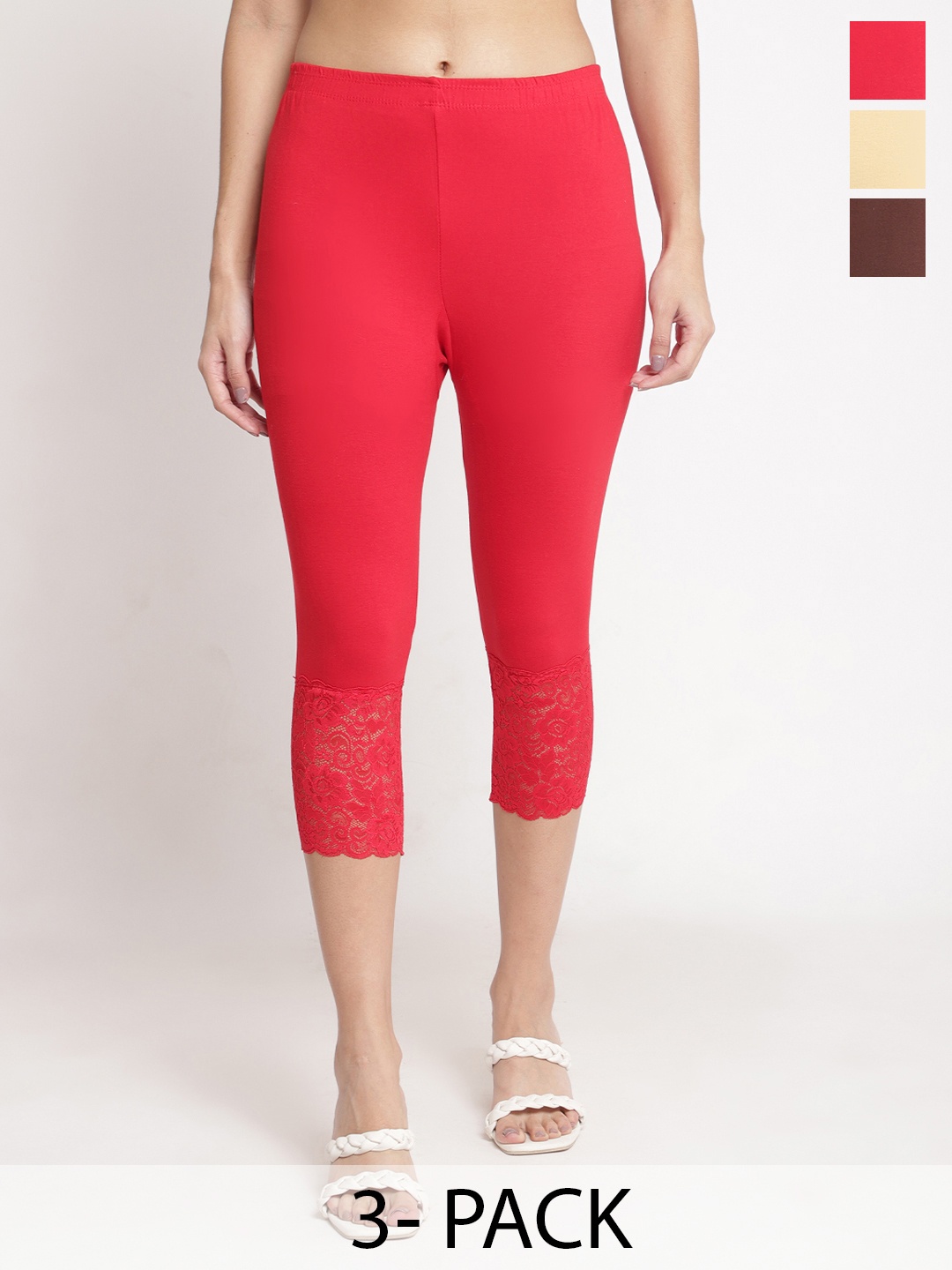 

Jinfo Pack Of 3 Women Skinny Fit Capris, Red