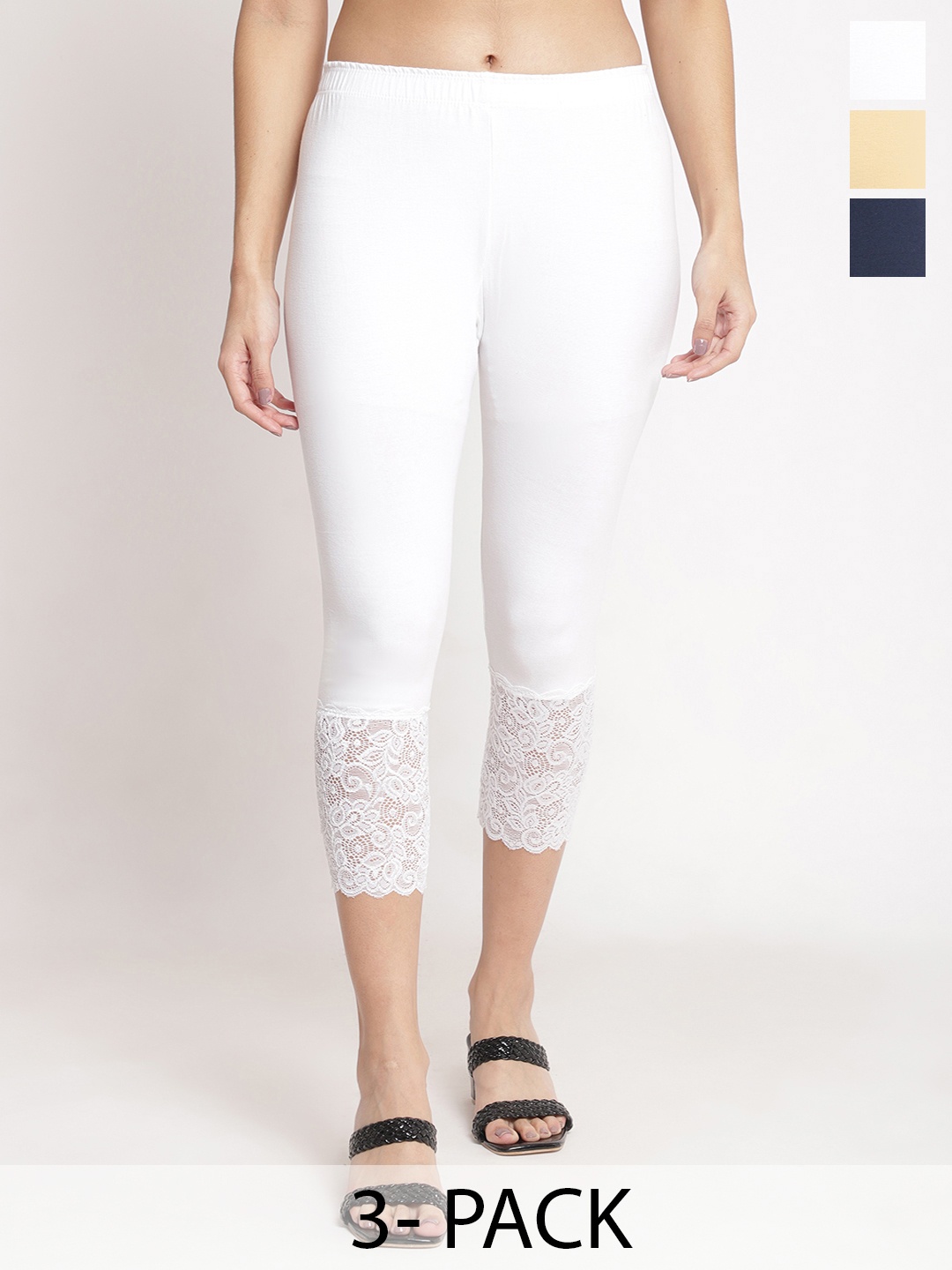 

Jinfo Women Pack of 3 Lace Hem Skinny Fit Capris, White