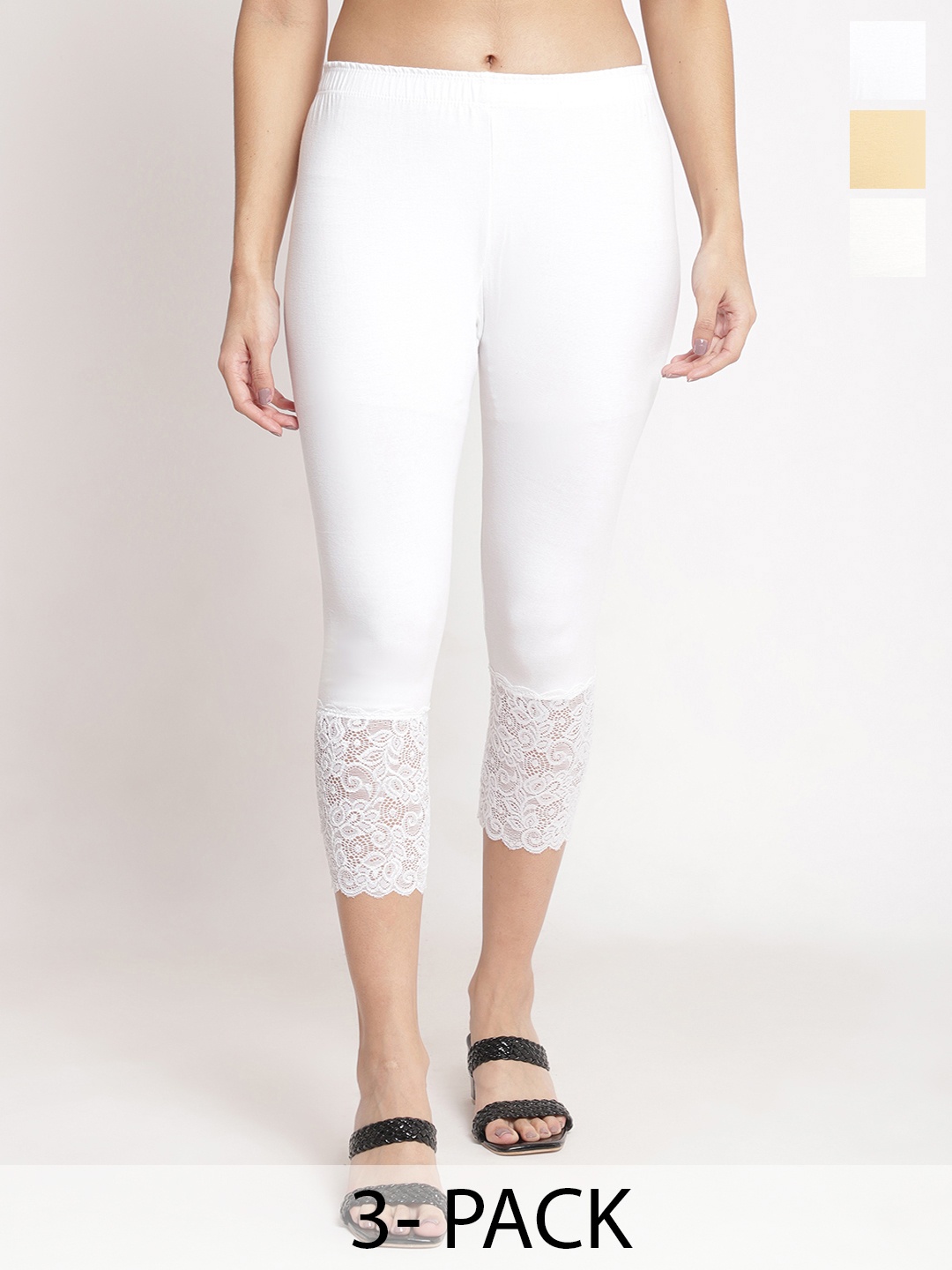 

Jinfo Women Pack of 3 Lace Hem Skinny Fit Capris, White