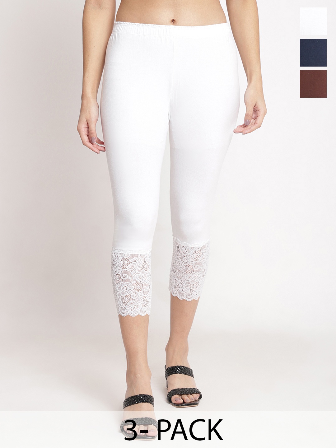 

Jinfo Women Pack of 3 Lace Hem Skinny Fit Capris, White