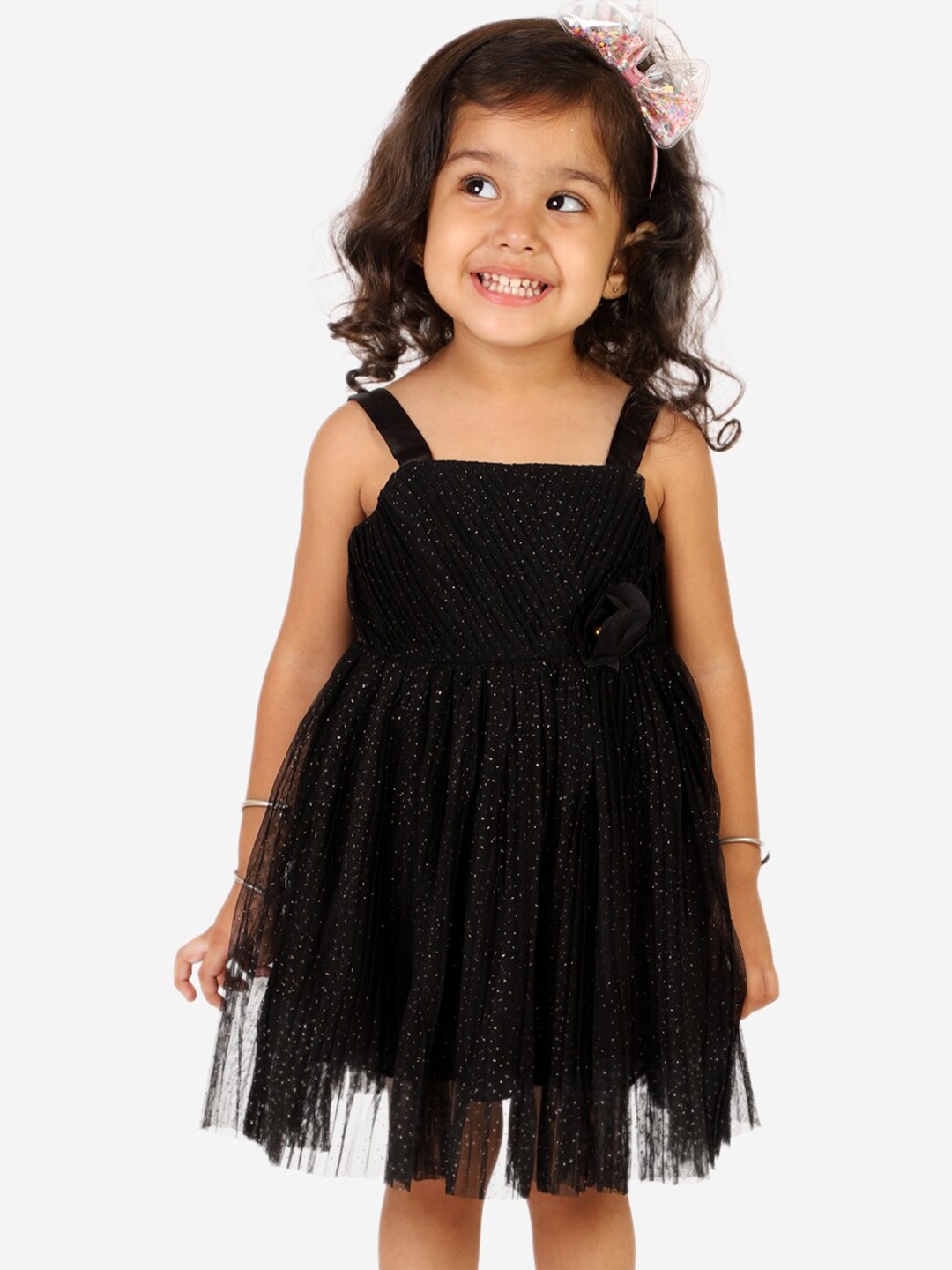 

KidsDew Girls Shoulder Straps Embellished Net Dress, Black