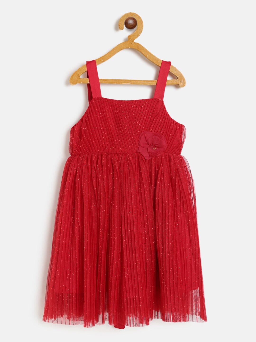 

KidsDew Girls Self Design Shoulder Straps Gathered Or Pleated A-Line Dress, Red
