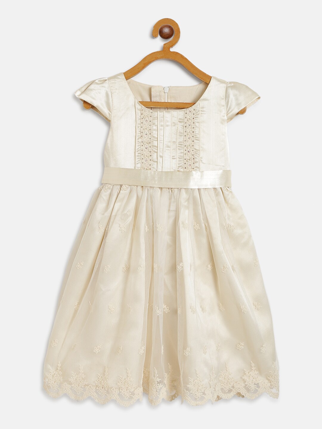 

KidsDew Girls Floral Embroidered Beads and Stones Satin Dress, Beige