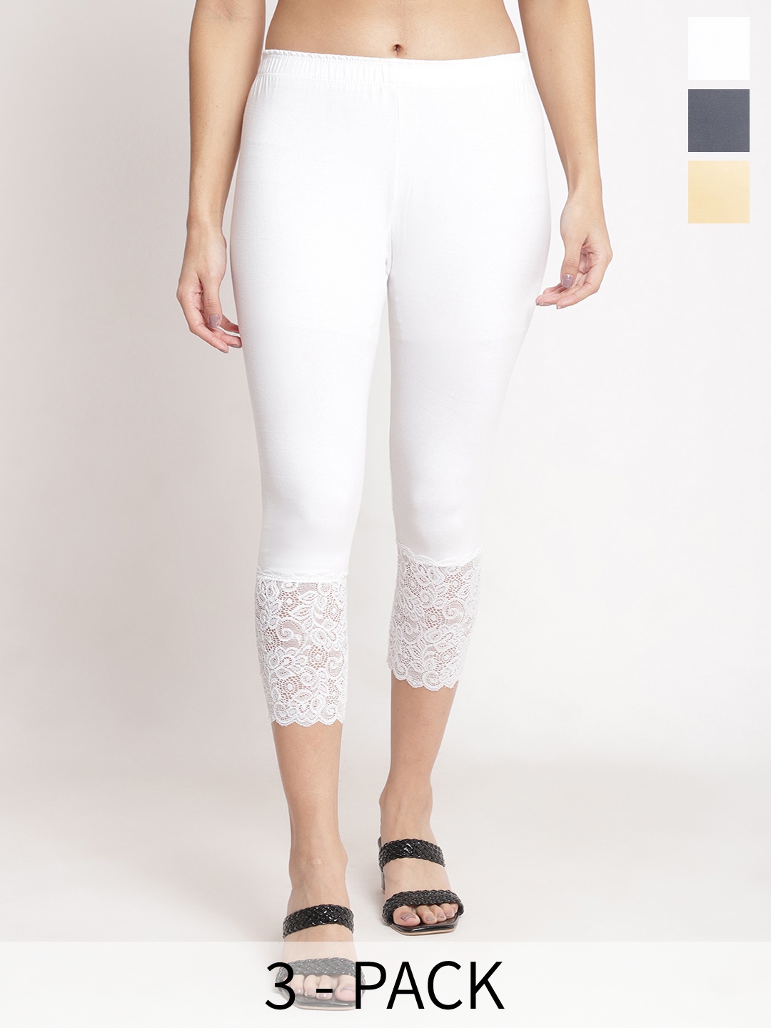

GRACIT Women Pack of 3 Lace Hem Skinny Fit Capris, White