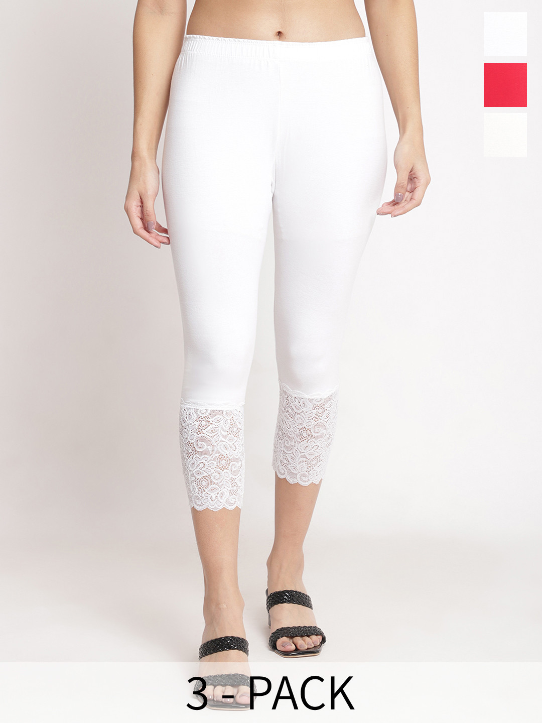 

GRACIT Women Pack of 3 Lace Hem Skinny Fit Capris, White