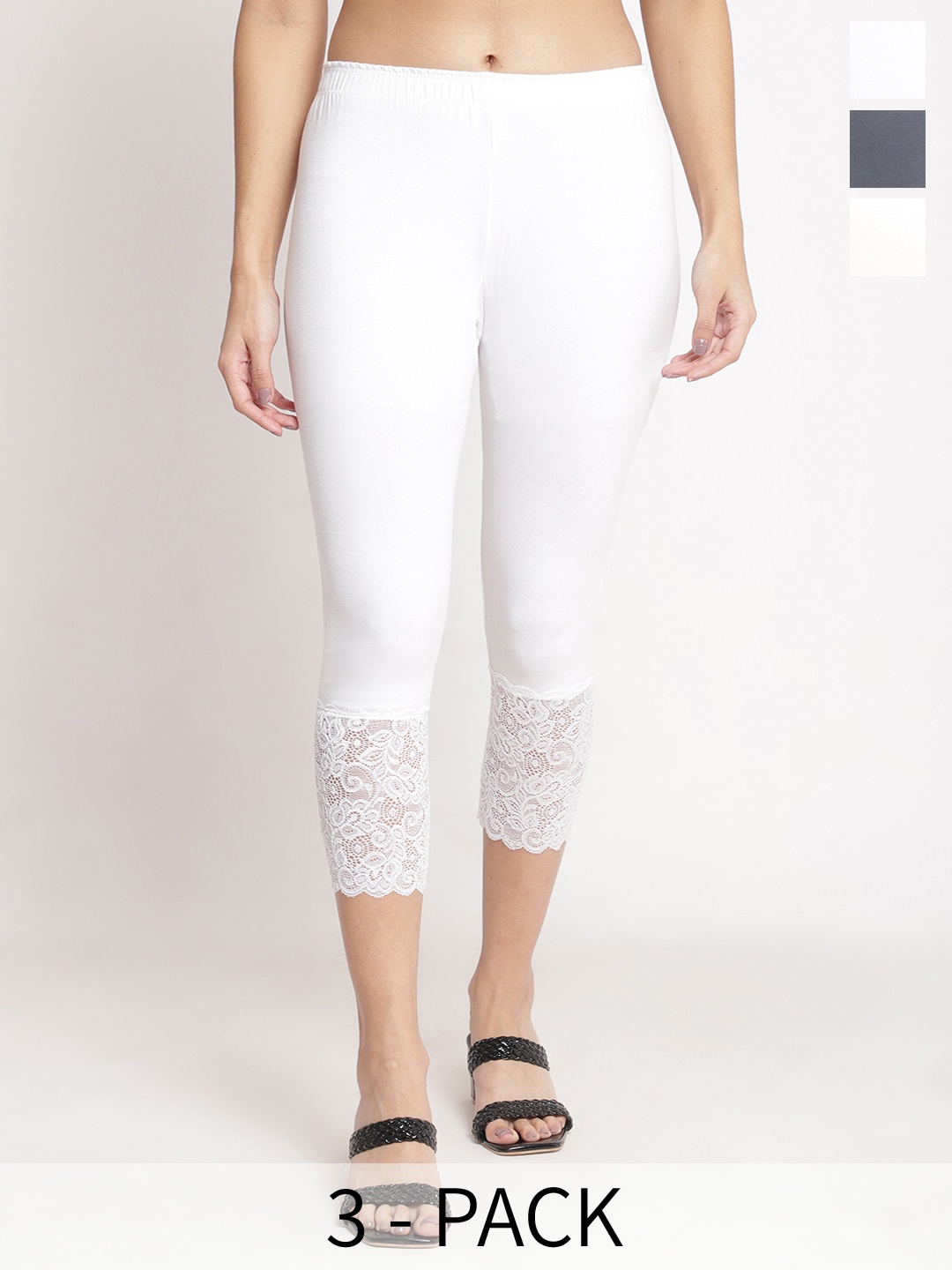 

GRACIT Women Pack of 3 Lace Hem Skinny Fit Capris, White