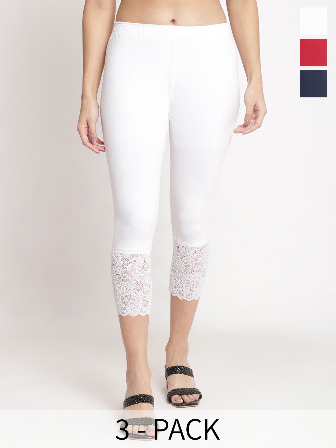 

GRACIT Women Pack of 3 Lace Hem Skinny Fit Capris, White