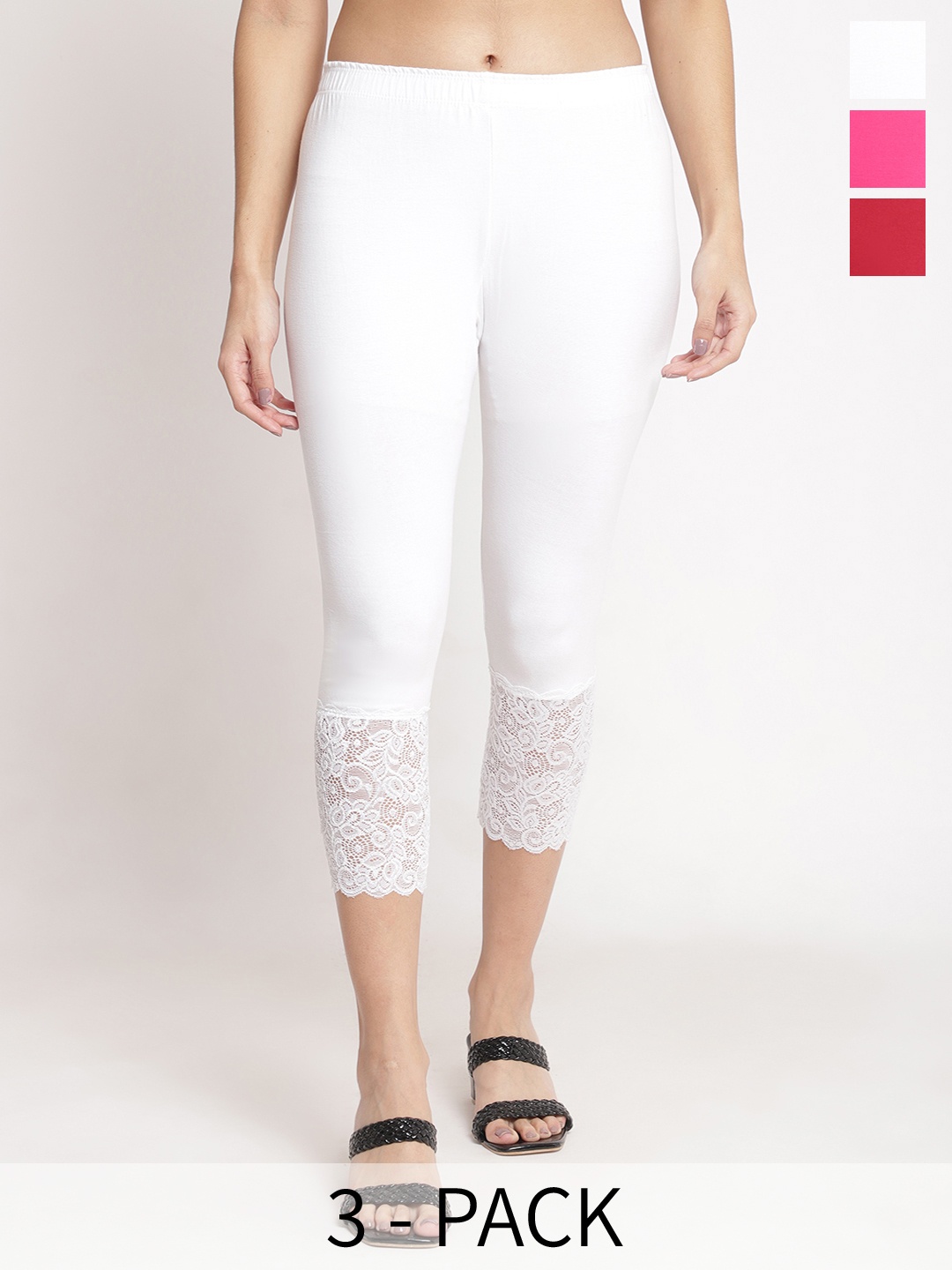 

GRACIT Women Pack of 3 Lace Hem Skinny Fit Capris, White