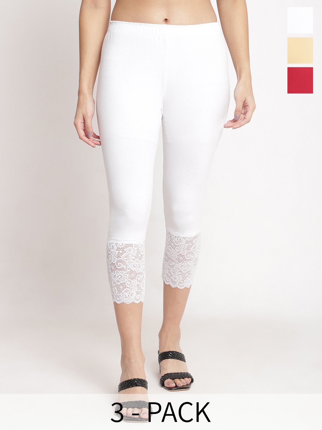 

GRACIT Women Pack of 3 Lace Hem Skinny Fit Capris, White