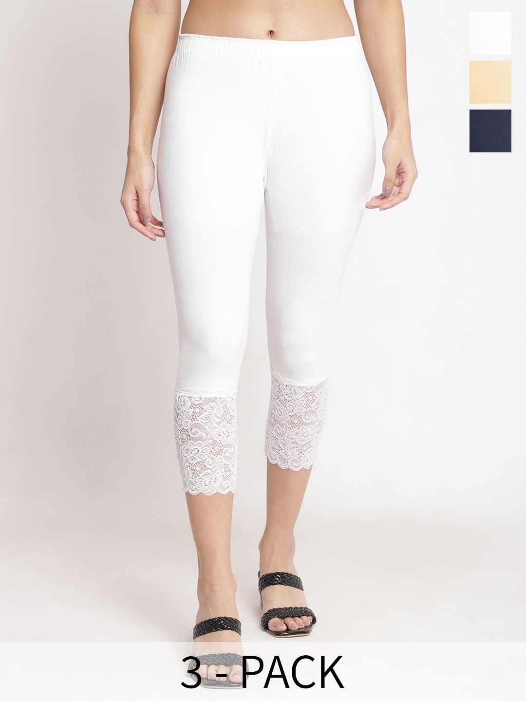 

GRACIT Women Pack of 3 Lace Hem Skinny Fit Capris, White