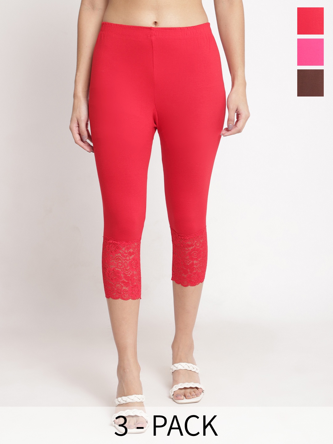 

GRACIT Women Pack of 3 Lace Hem Skinny Fit Capris, Red