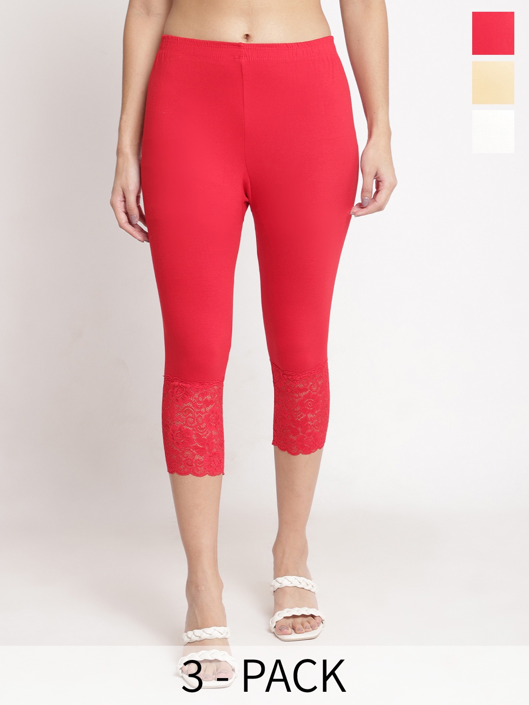 

GRACIT Women Pack of 3 Lace Hem Skinny Fit Capris, Red