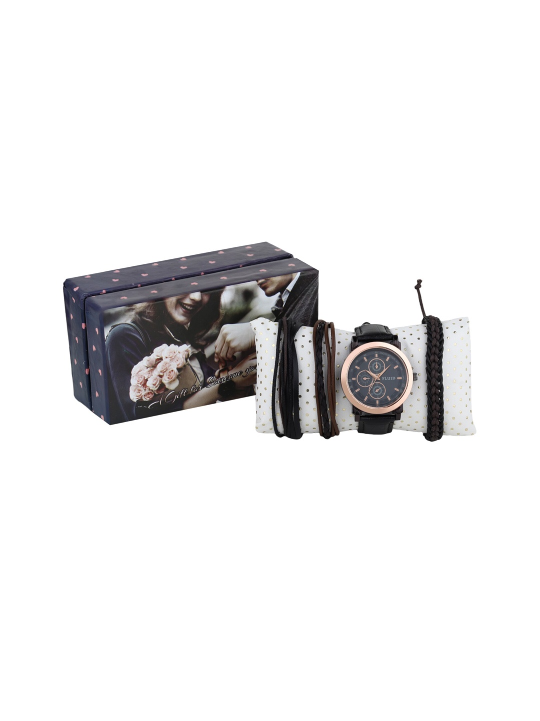 

FLUID Men Leather Straps Analogue Watch & Multistrand Bracelet FL-Gift Set-63, Black