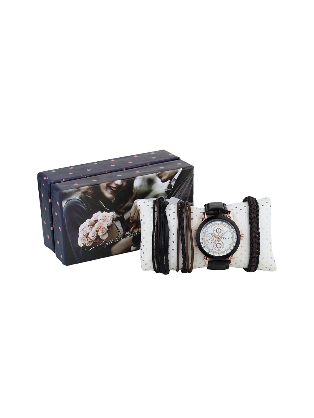 

FLUID Men Leather Straps Analogue Watch & Multistrand Bracelet FL-Gift Set-64, White