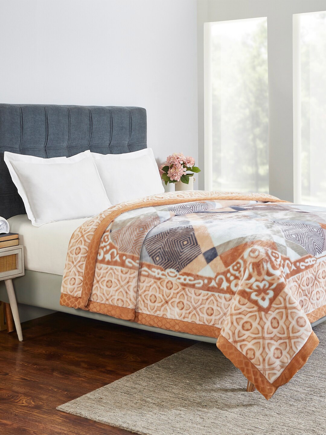 

MYTRIDENT Classic Mink Orange White Ethnic Motifs AC Room 600 GSM Double Bed Blanket