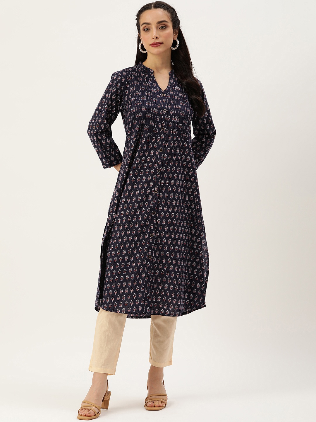 

AMUKTI Ethnic Motifs Printed Kurta, Navy blue
