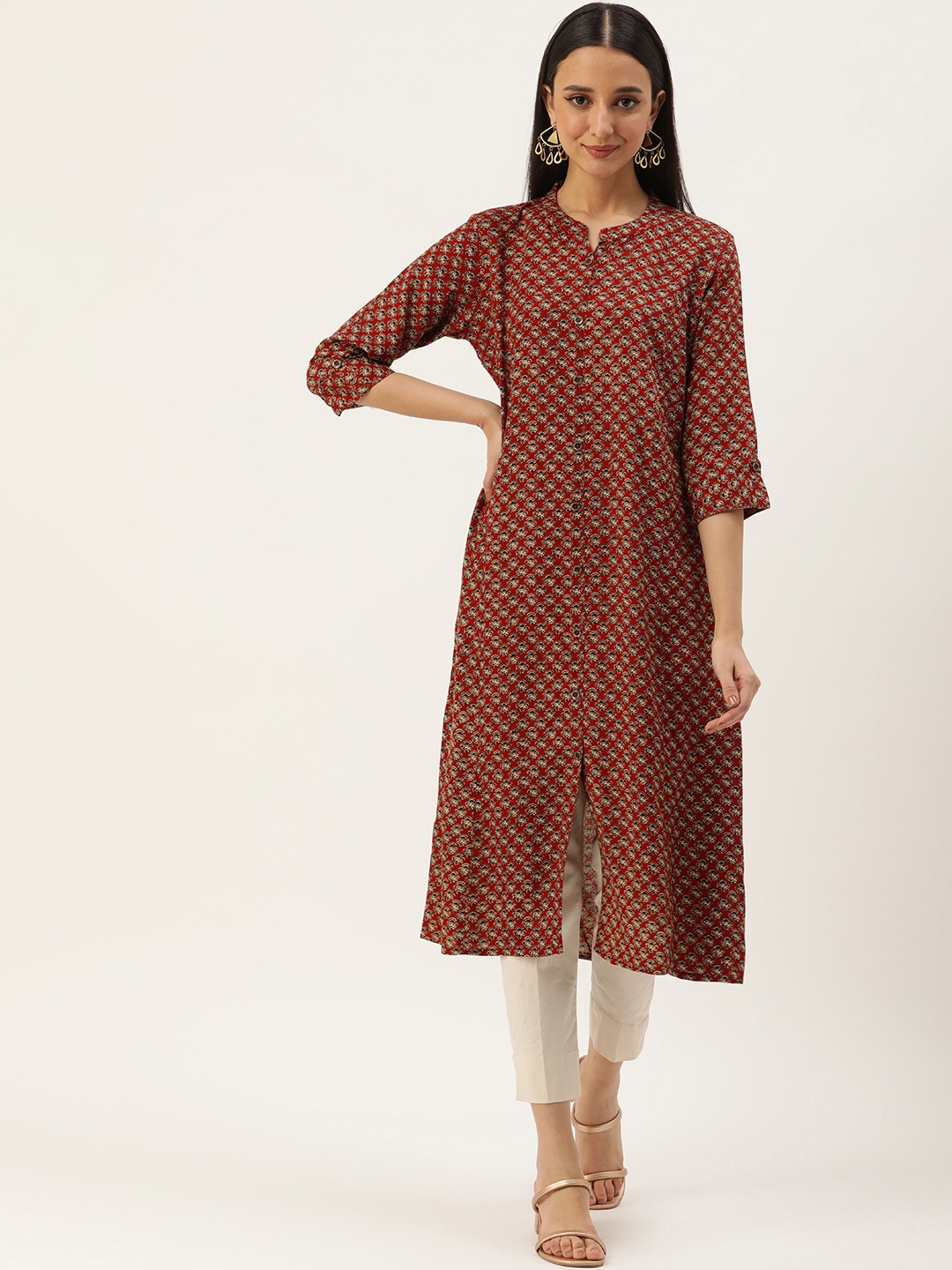 

AMUKTI Ethnic Motifs Printed Cotton Kurta, Maroon