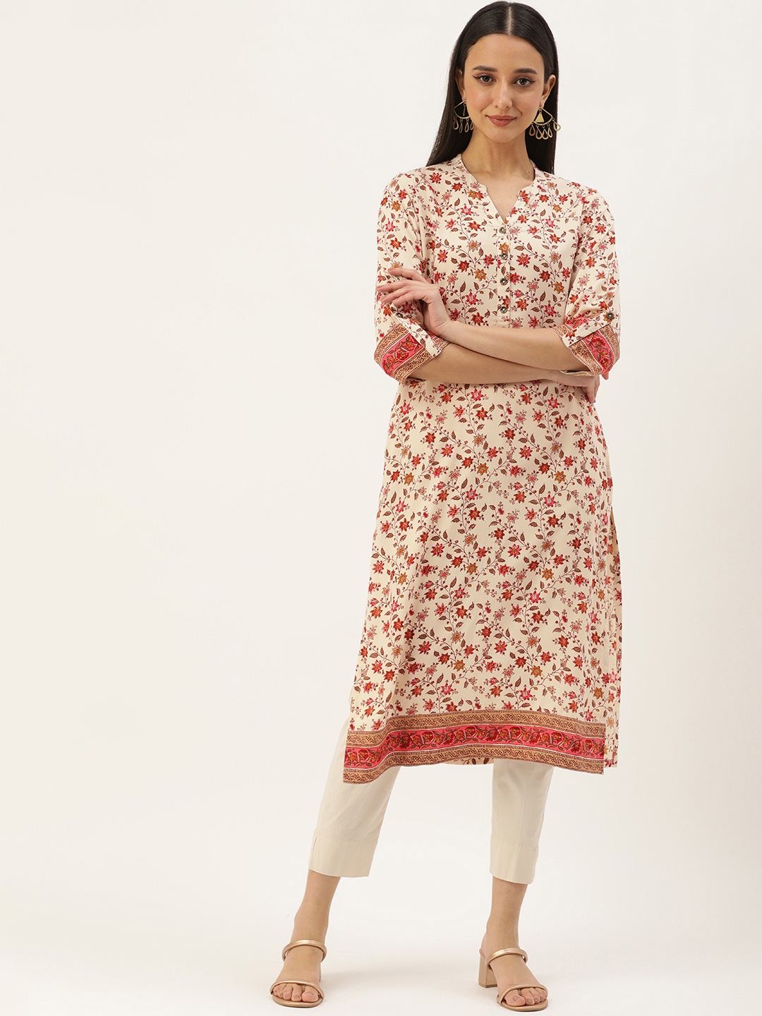 

AMUKTI Floral Printed Kurta, Beige